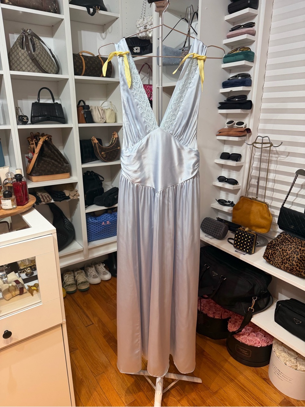 HELSA Satin Light Blue Maxi Dress with Yellow Shoulder Ties M
